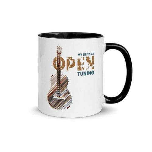 My Life Is An Open Tuning (11 oz. Coffee Mug with Black Rim, Inside, and Handle)