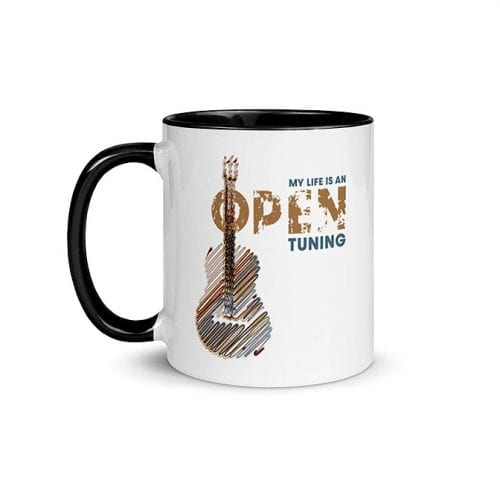 My Life Is An Open Tuning (11 oz. Coffee Mug with Black Rim, Inside, and Handle)