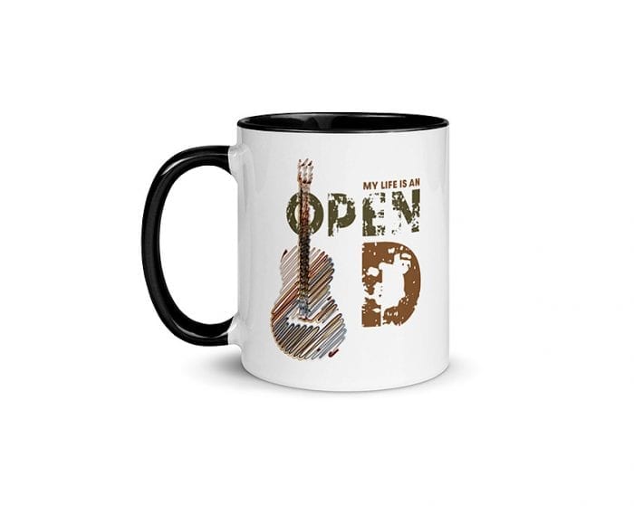 My Life Is An Open D (11 oz. Coffee Mug with Black Rim, Inside, and Handle)