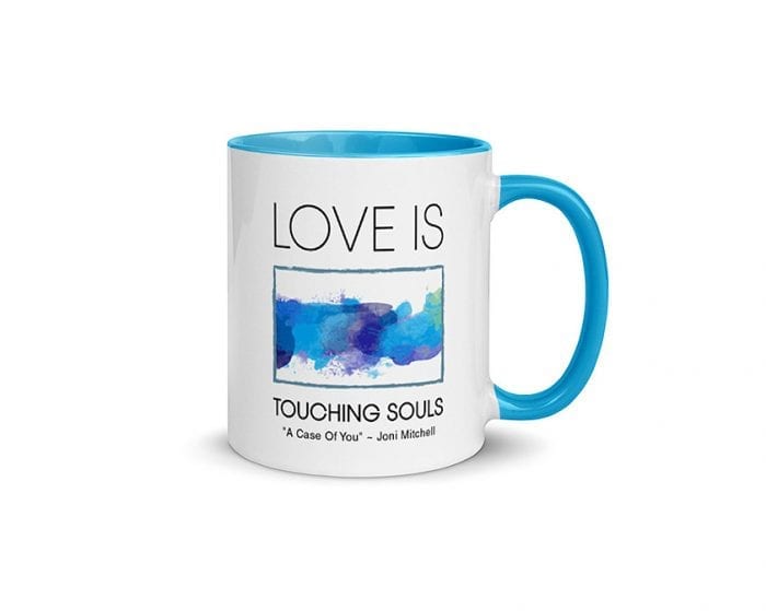 Love Is Touching Souls (11 oz. Coffee Mug with Blue Rim, Inside, and Handle)